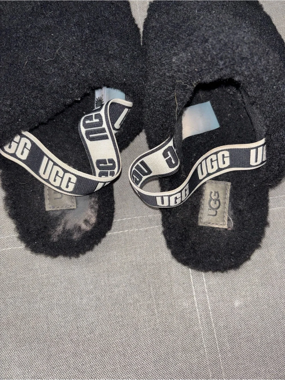 UGG Kids Black Fuzzy Slide Slippers with Branded Strap
